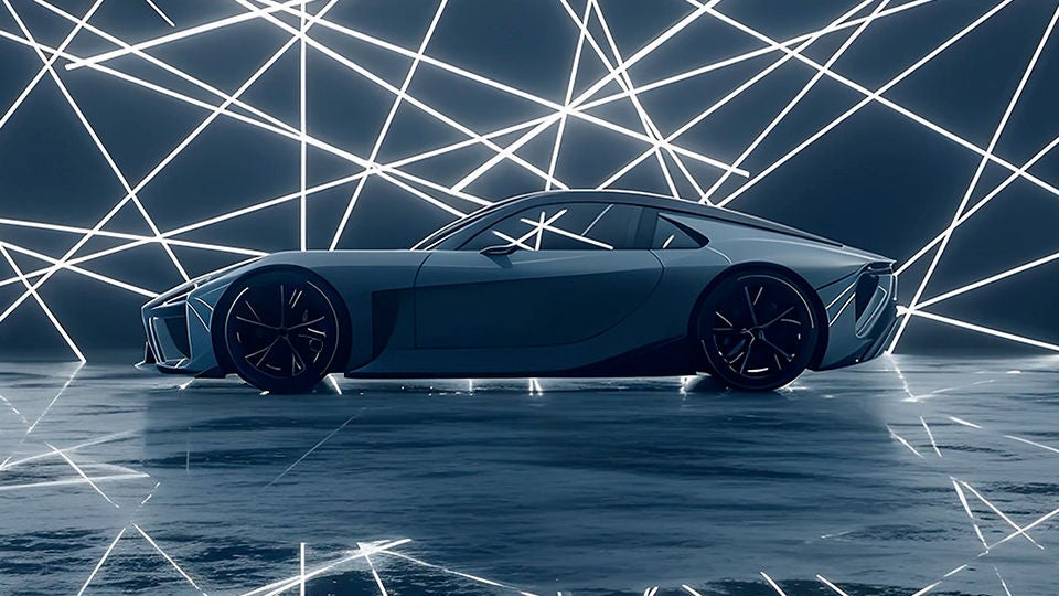 Profile of a futuristic sports car set against a background of crisscrossing white light beams.