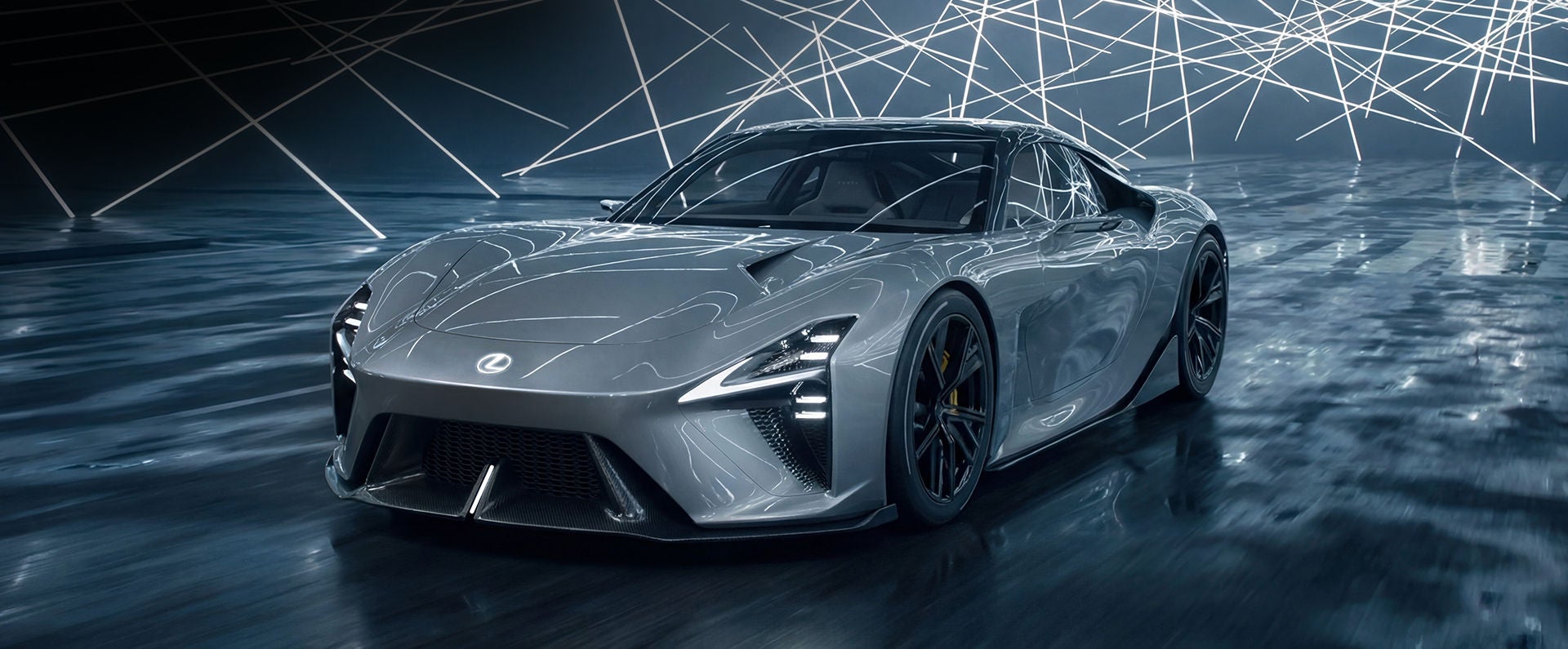 Sleek silver Lexus sports car concept in a dark studio with glowing white geometric light patterns.