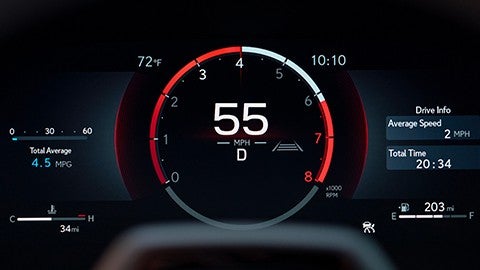 A digital tachometer and vehicle data on an in-dash display.