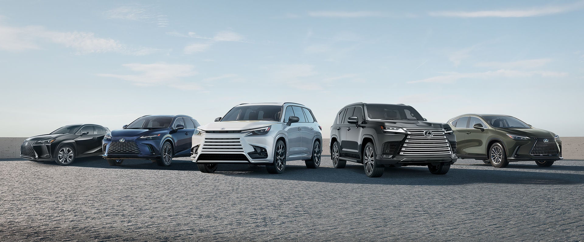 Pod shot of the SUVs that offer hybrid drivetrains: the Lexus UX, RX, TX, LX and NX.